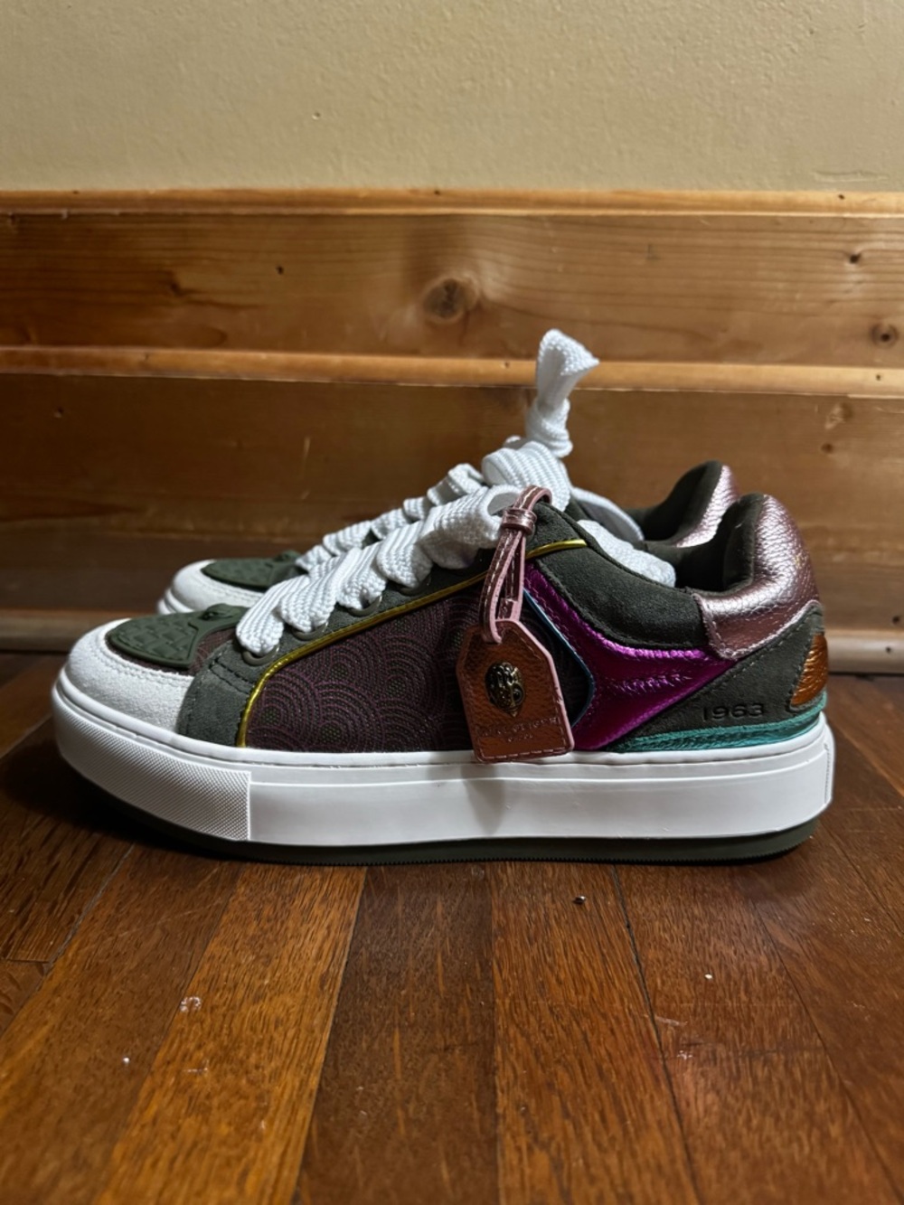 Kurt Geiger Olive Green, White & Pink Mixed-Material Sneakers